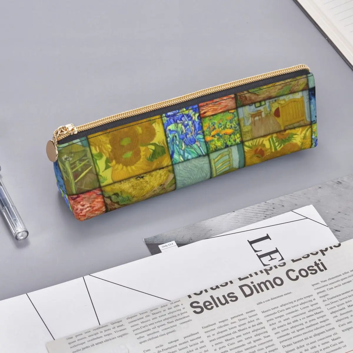 Van Gogh – trousse à crayons en cuir à motif d'édredon, trousse triangulaire rétro à fermeture éclair pour l'école et les adolescents