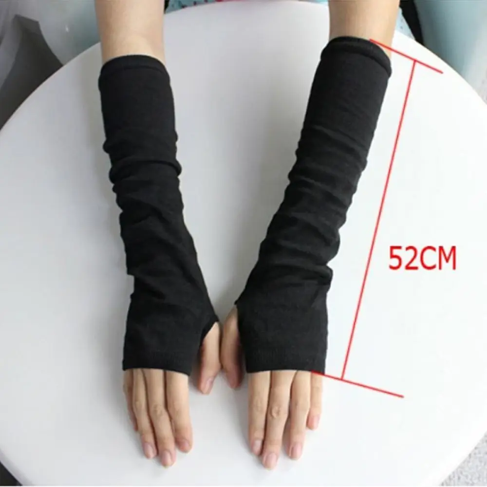 Black Stretchy Knit Female Trendy Fashion Warmers Mittens Unisex Long Arm Gloves Fingerless