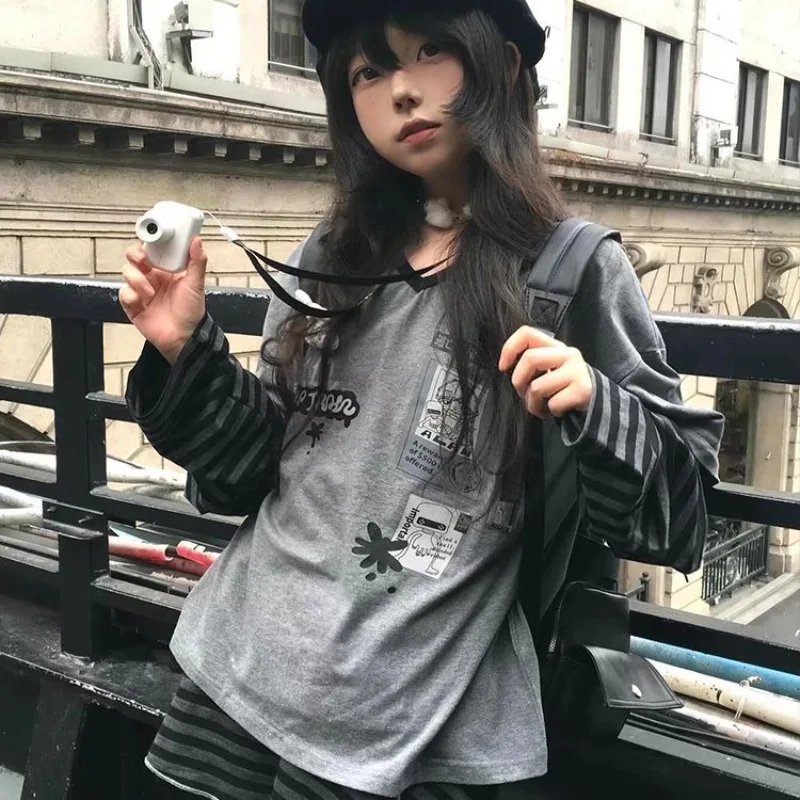 

Черные готические винтажные футболки Subculture, одежда 2000-х годов Y2k, весенние топы с длинными рукавами, футболки, облегающие женские футболки в стиле Харадзюку, ретро