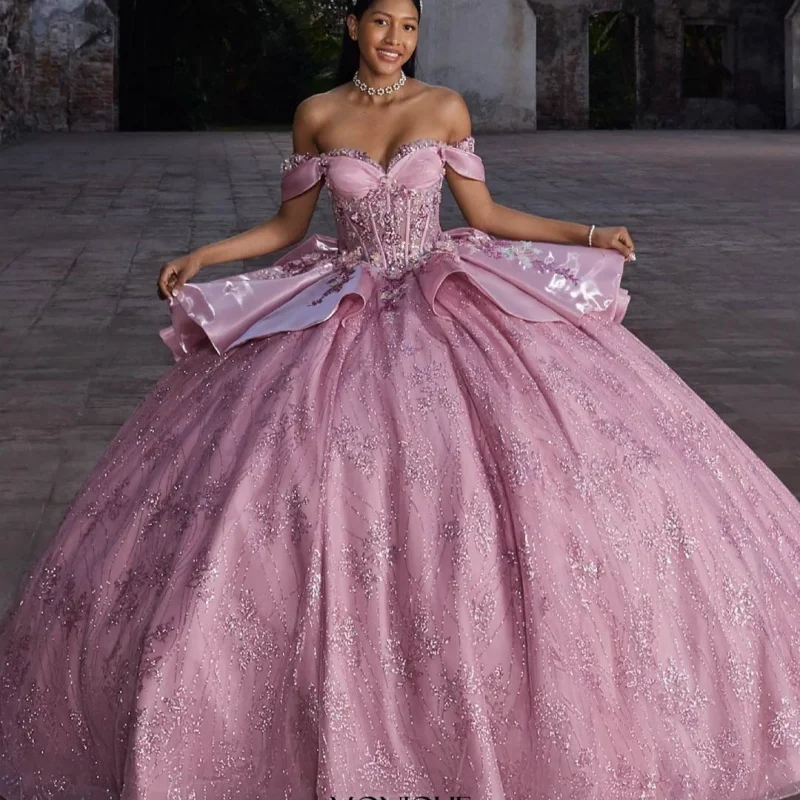 

Shiny Pink Quinceanera Dress off-shoulder crystal decal Lace layering Tull Long tail Bow vestidos de 15 Quinceanera ﻿Customize