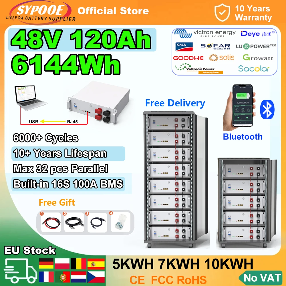 

LiFePO4 48V 120Ah 100AH 200Ah Bluetooth Battery Pack Built-in BMS RS485 CAN Max 32 in Parallel Full Capacity Grade A 6000 Cycles