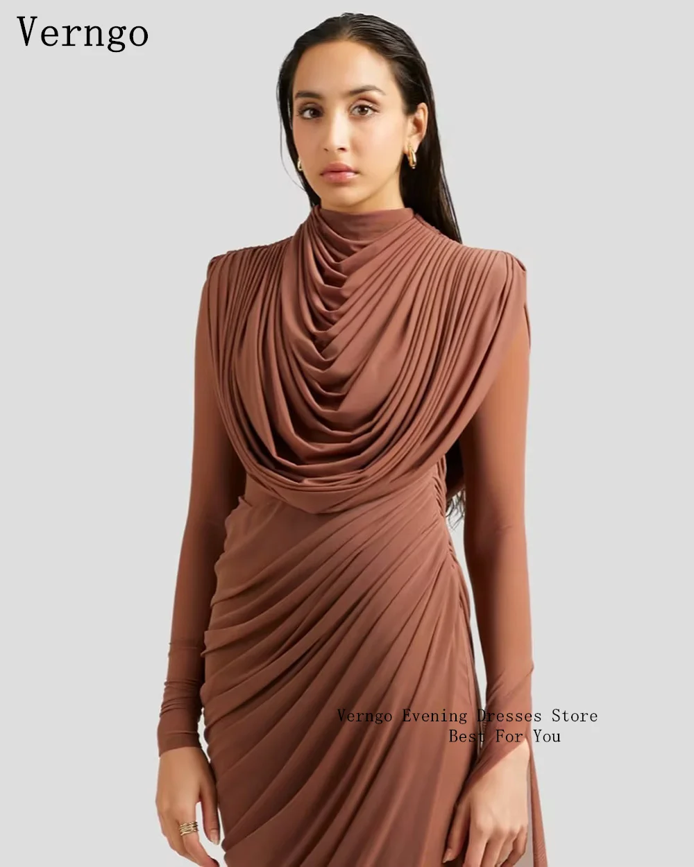 Verngo Brown Chiffon Evening Dress Full Sleeves Mermaid Slim Prom Party Dresses Elegant Simple Maxi Prom Gowns Customized image 4