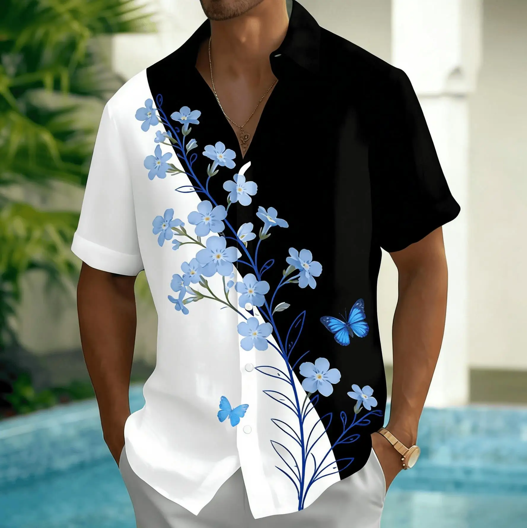 

Men's Colorblock Flower Print Short Sleeve Shirt, Spring Summer Fresh Casual Vacation Blouse, Loose Casual Top