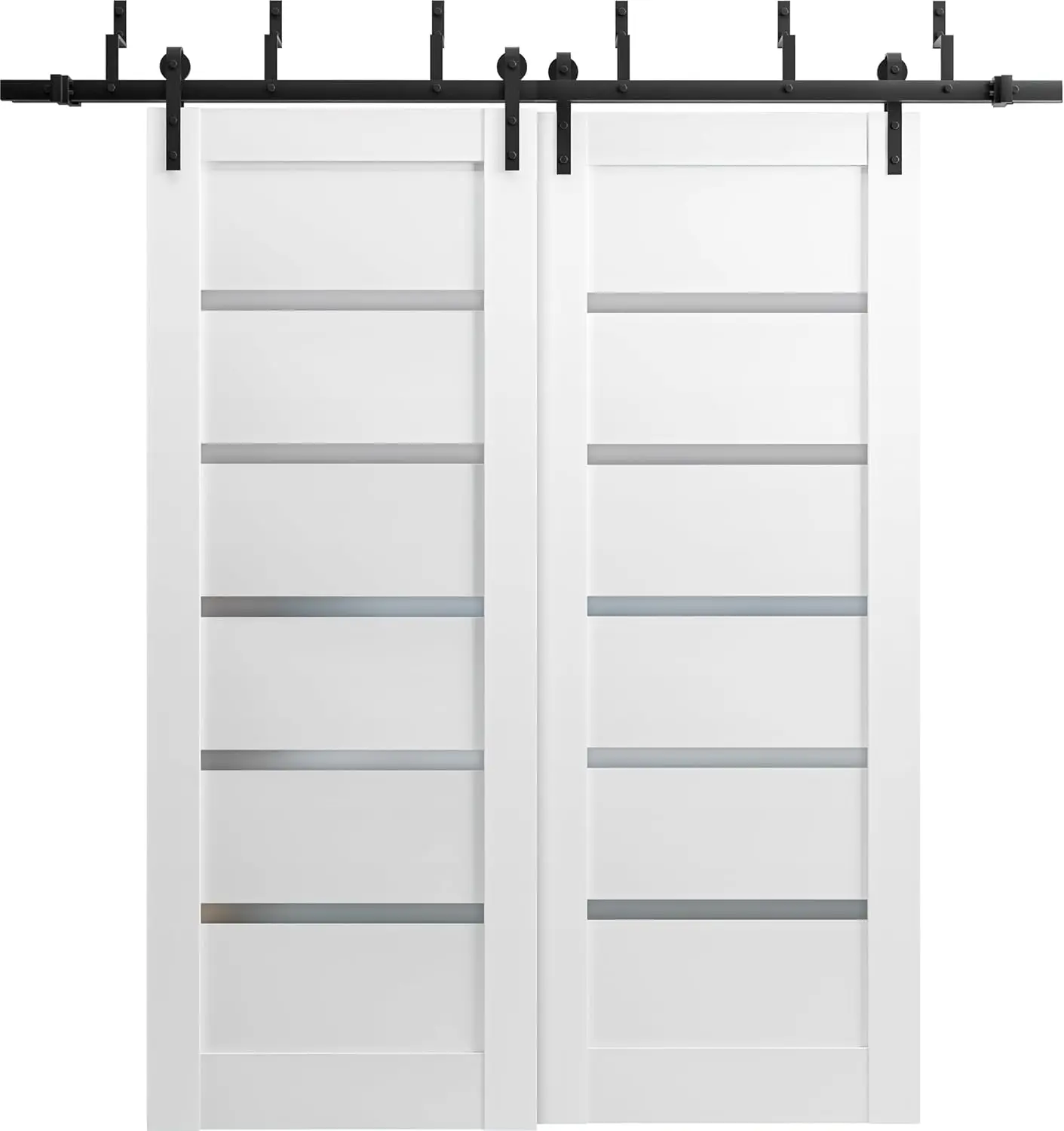 Barn Bypass Doors 60 X 84 With 6.6Ft Hardware | Quadro 4117 White Silk With Frosted Opaque Glass | Sturdy Heavy Duty Rails Kit