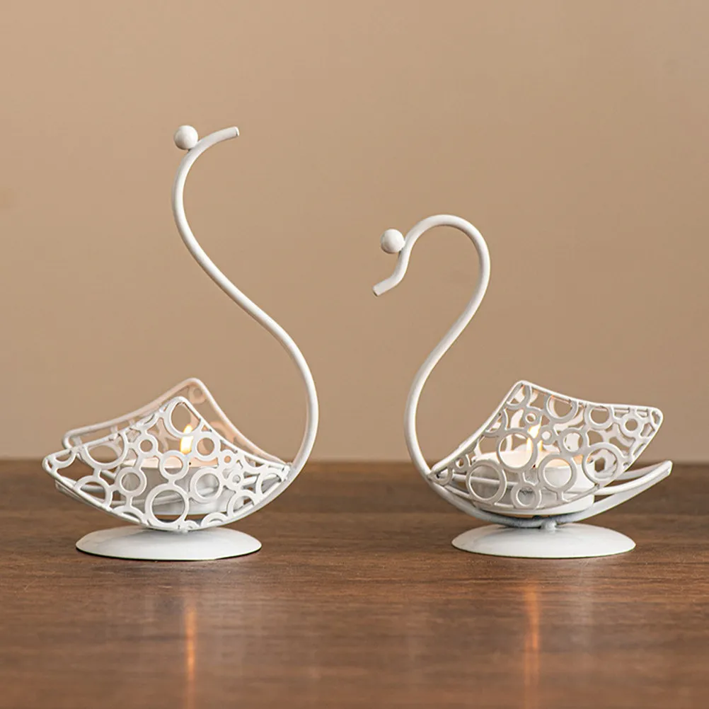 2Pcs Creative Metal Swan Holder Iron Art Desktop Adornment Vintage Wedding Reception Decor Tea Light Container