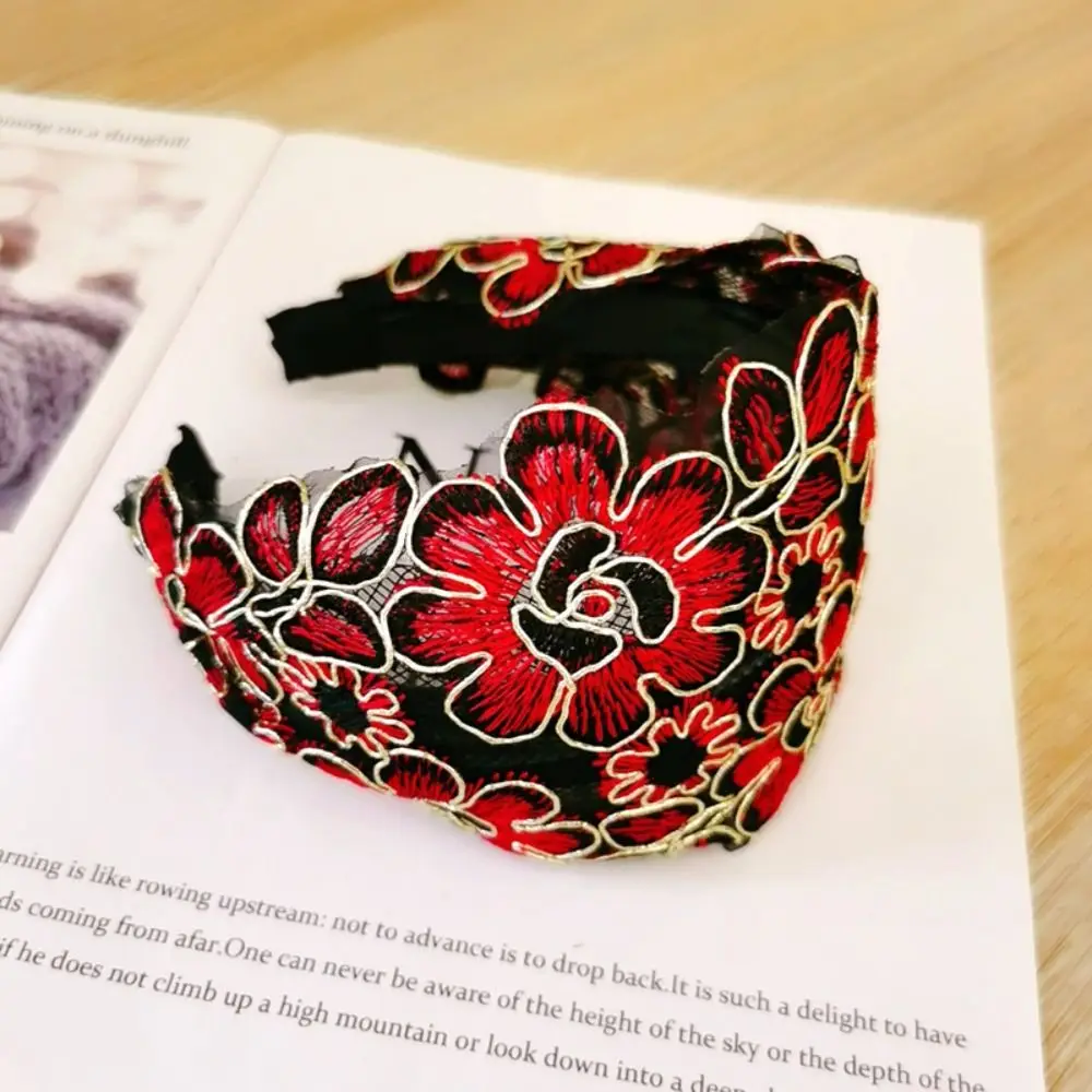 

Vintage Flower Women Hair Hoop Wide Side Embroidery Lace Headband Tooth Hair Hoop Non Slip Korean Head Wrap Fashion Headdress