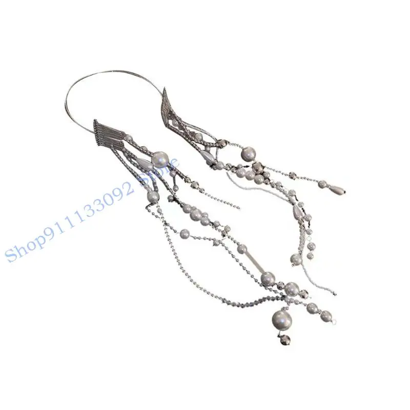 H9ED Fashion Pearl Beaded Hair Hoop Long Tassels Headpiece Elegant Headband Wedding Bridal Headwear Statement Jewelry