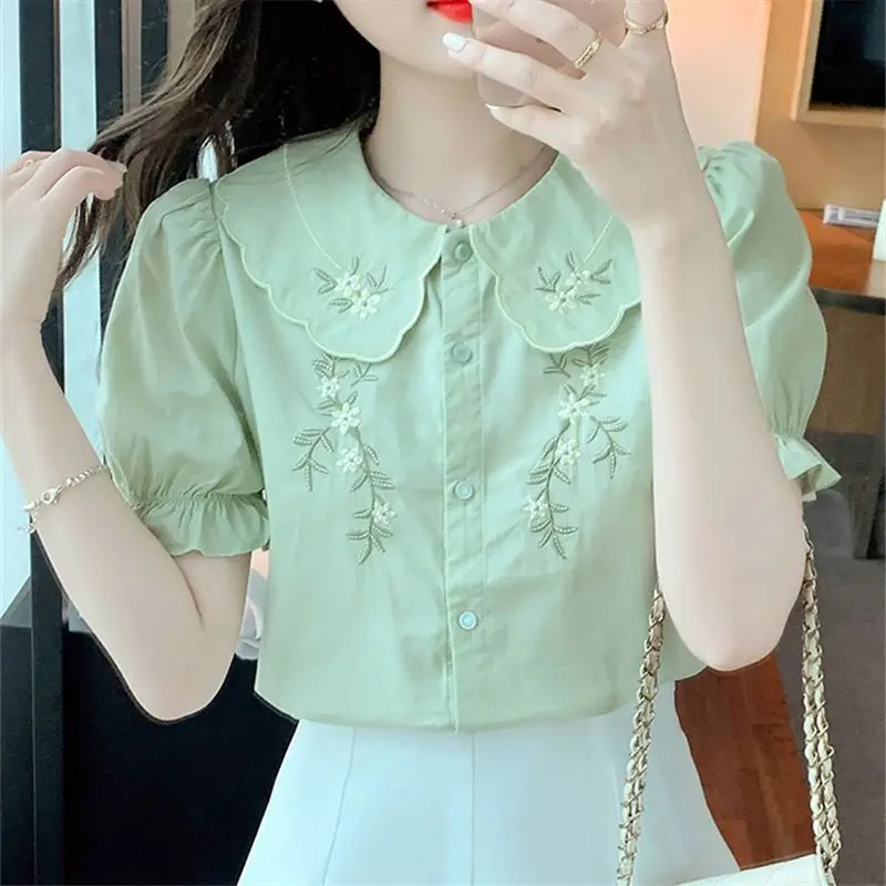 Sweet Peter Pan Collar Spliced Ruffles Embroidery Shirt Women\'s Clothing 2023 Summer New Casual Tops Loose Office Lady Blouse