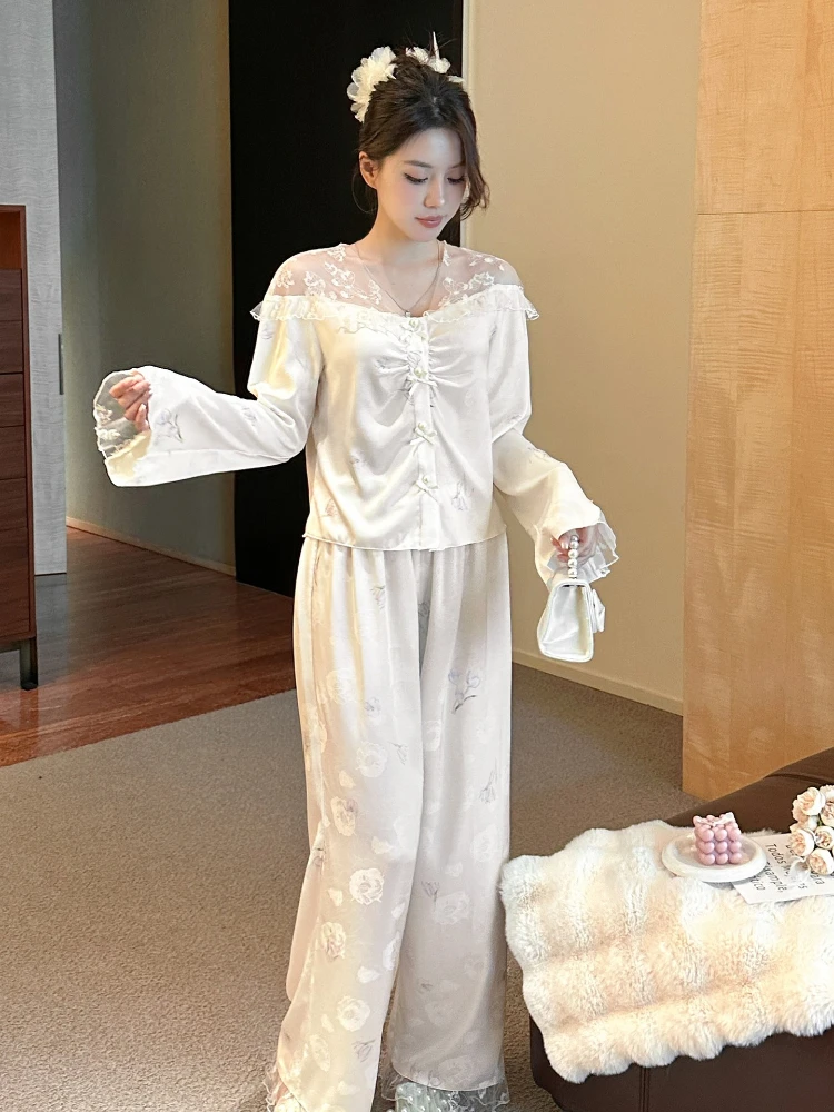 

2024 Spring/Summer New Long Sleeved Pants Ice Silk Women's Pajamas Lightweight Luxury Sexy Can Be Outworn Home Clothing