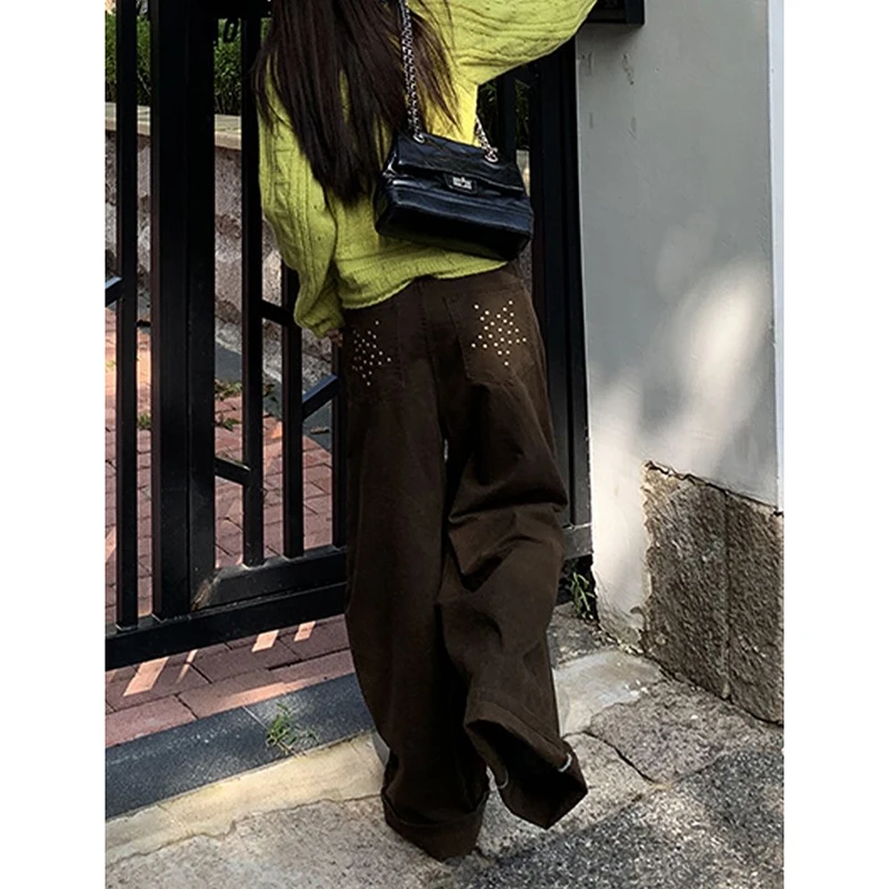 Y2K レディース ゴシック ブラウン ストリートウェア ハイウエスト レトロ ワイドレッグパンツ リベット付き カジュアルパンツ アメリカンファッション 原宿スタイル