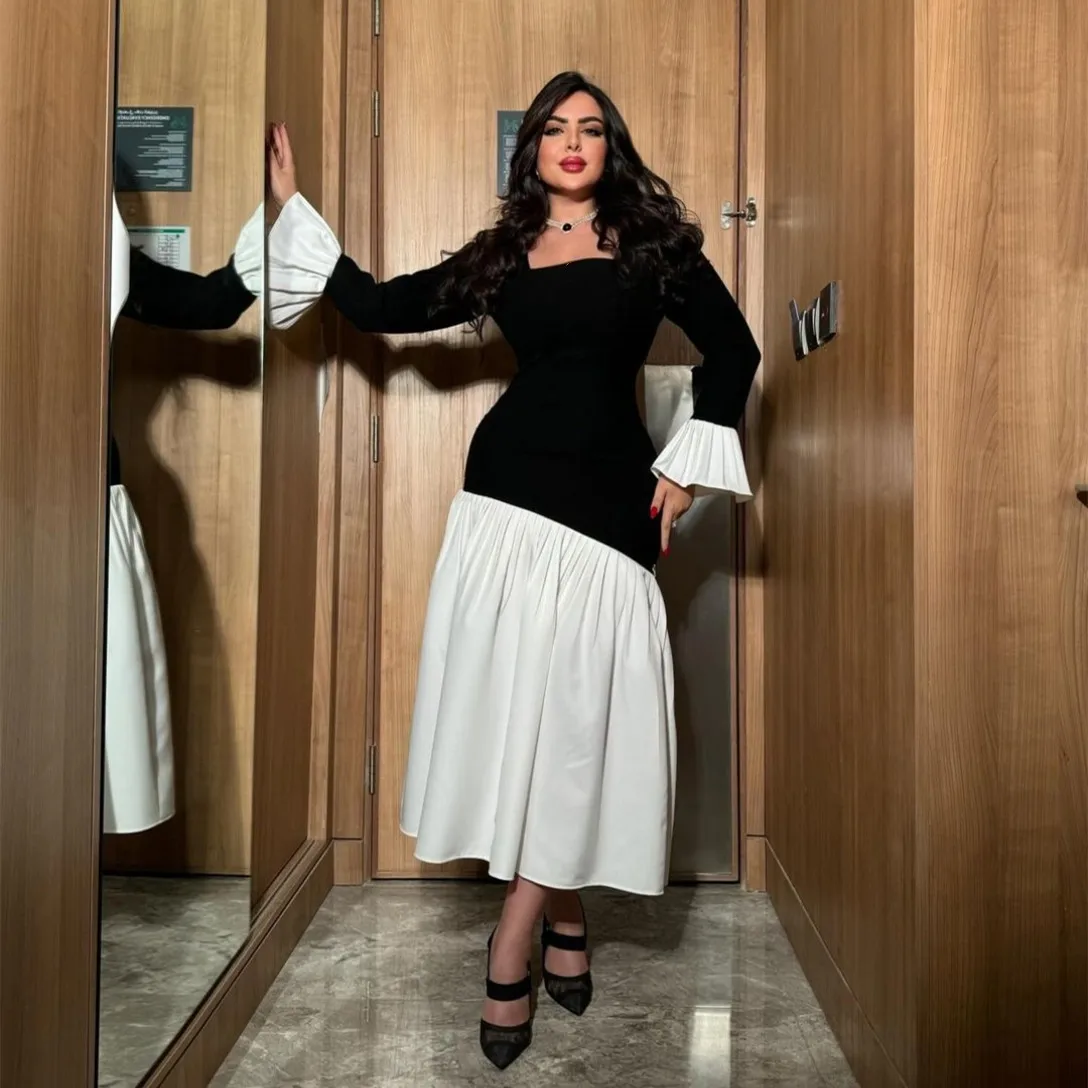 

Customized Short Black Crepe Evening Dresses Mermaid Square Neck Ruffles فساتين السهرة Ankle Length Prom Dress for Women