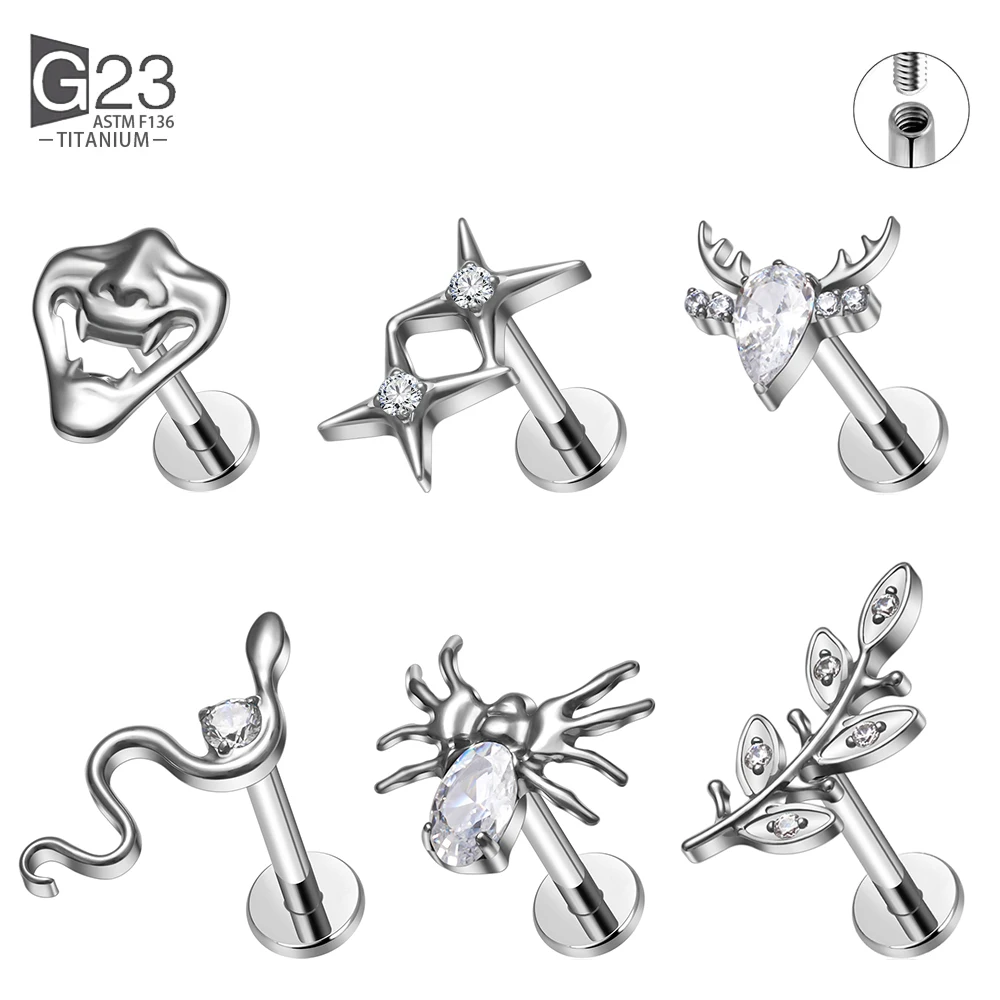 1PC G23 Titanium Ear Labret Piercings Flat Back Earrings Crystal Cluster Helix Tragus Pirsing Cartilage Lobe Piercing Jewelry