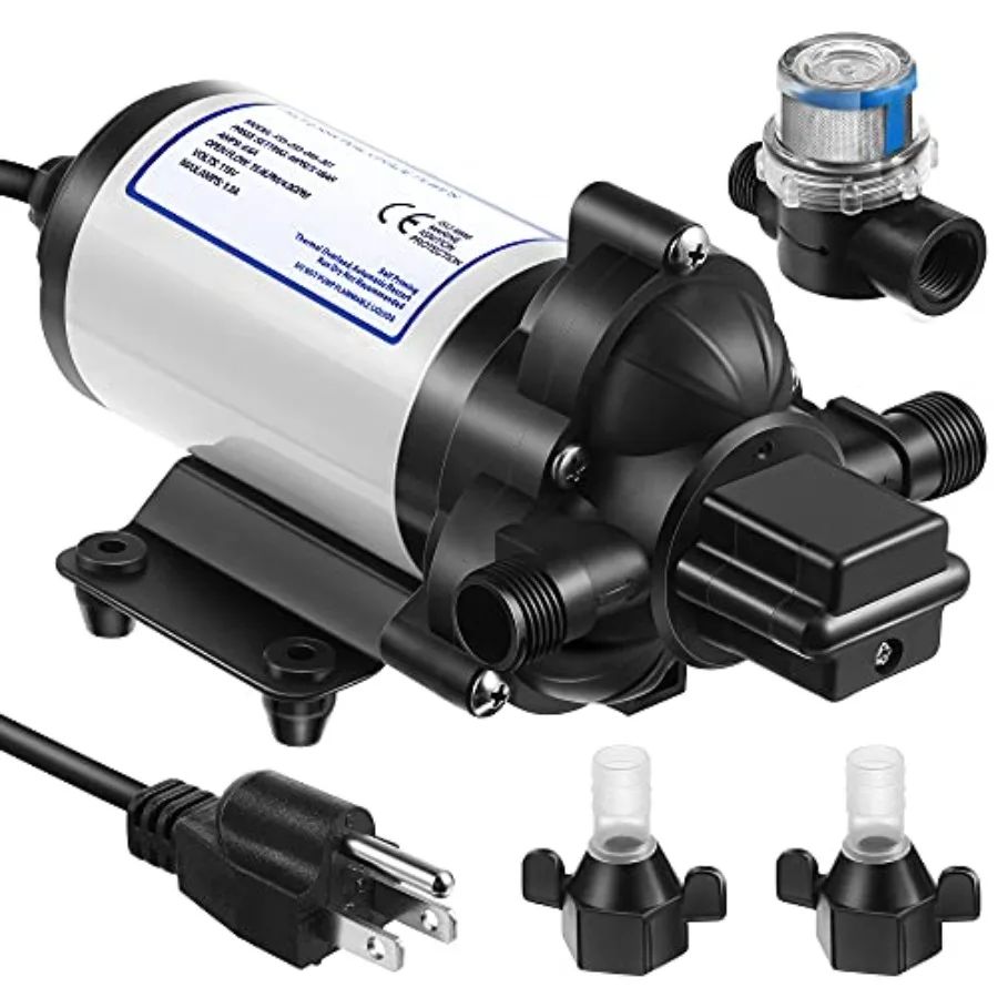 

Industrial water pressure diaphragm pump for RV/caravan/marine/garden irrigation: 115V, 4 GPM, 45 PSI, self-priming, black, inc