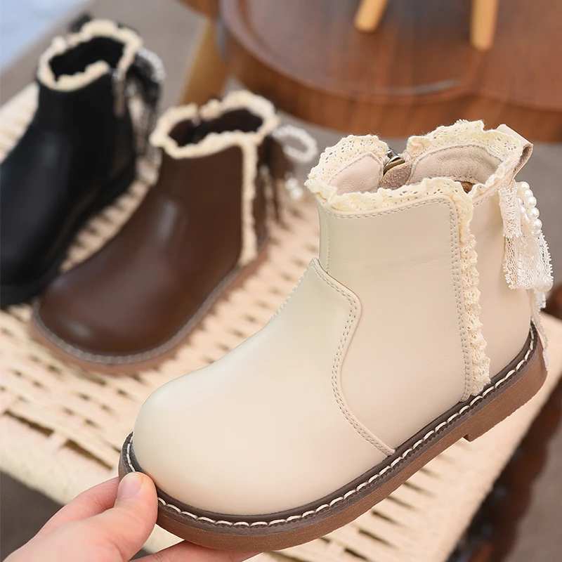 

Girls' boots, genuine leather, children's short boots, 2025 autumn and winter new style, velvet and cotton boots, bow princess b