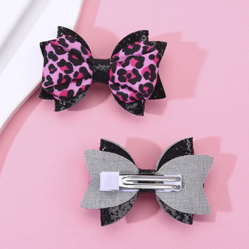 2pcs Leopard Print Pattern Bow Hair Clips for Little Girls Glitter Hair Bow Clips Sweet Hair Accessories for Little Girls