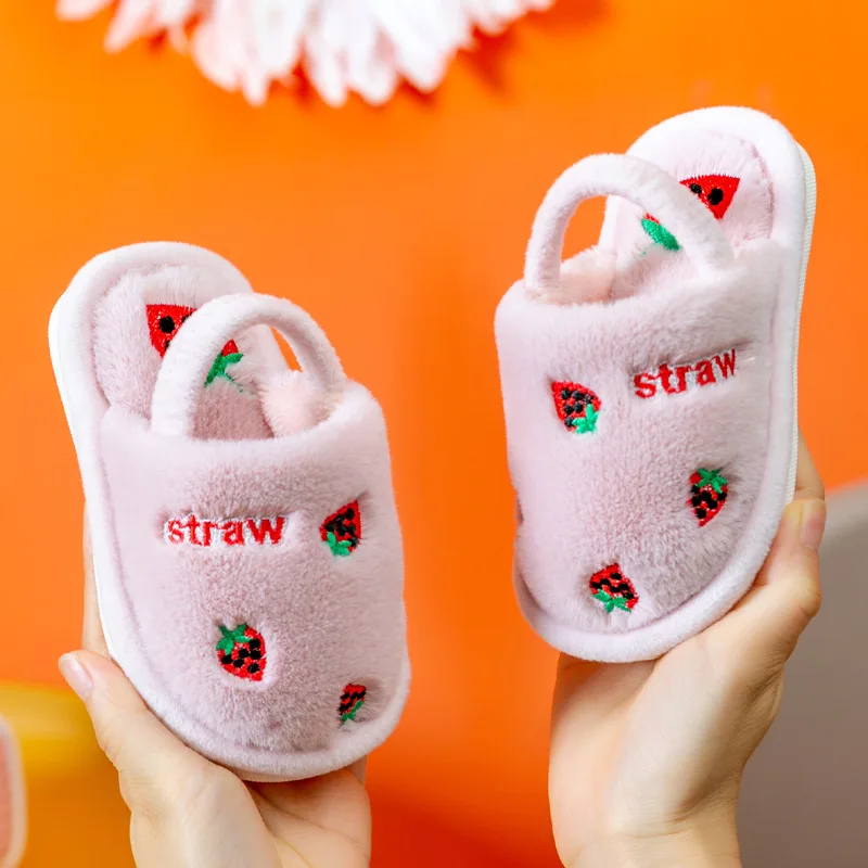 Fashion Toddler Girls Slippers for Winter Girls Fruits Children's Indoor Slides Non-Slip Platform Girls Warm Plush House Shoes