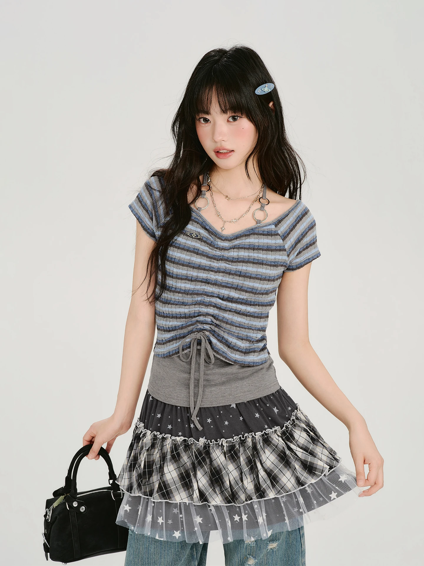 

Американская ретро-футболка в полоску с эффектом двухслойности, с коротким рукавом, женская, летняя, новая, с завязками, стильный дизайн, повседневный крой, облегающая.