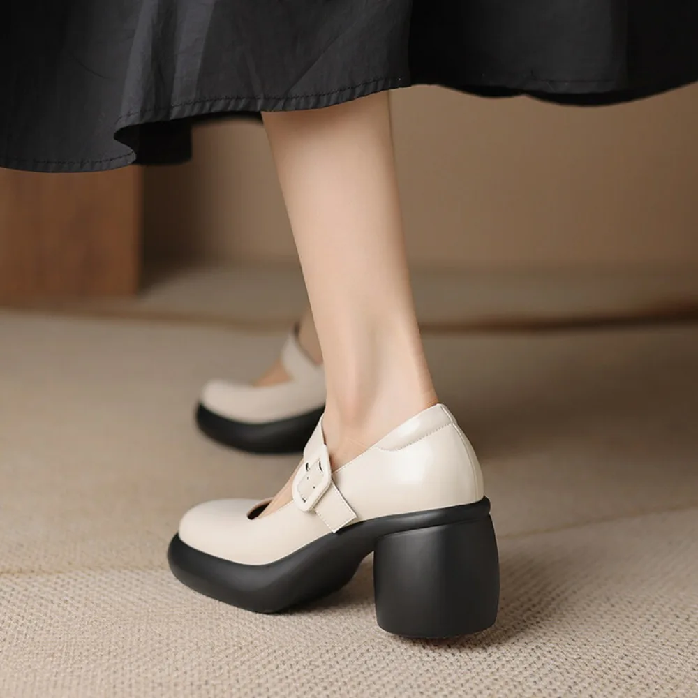 2024 Spring Autumn New Women Buckle Mary Janes Shoes Genuine Leather Dress Shoes Chunky Heel Pumps Retro Ladies Shoe Black White