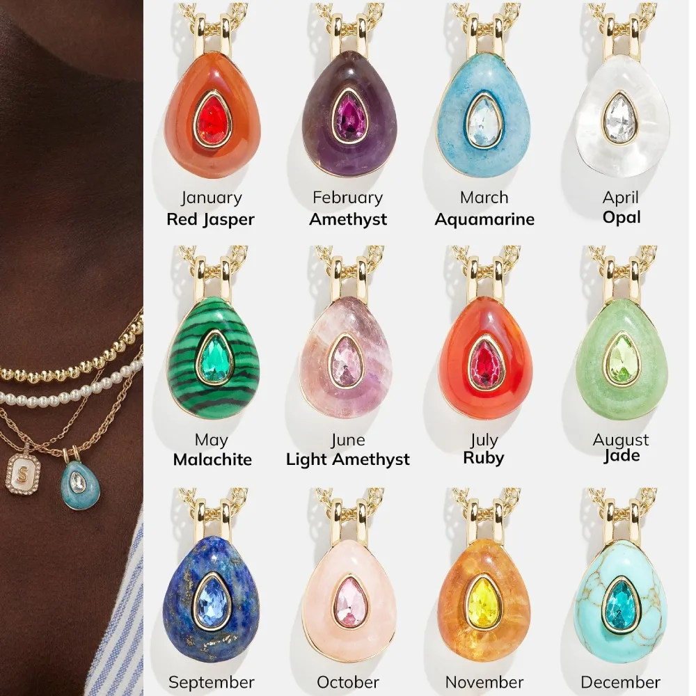 

Gold Plated Birthstone Teardrop Pendant Necklace, Natural Gemstone & CZ Accent Necklace, Customizable Birthday Jewelry for Women