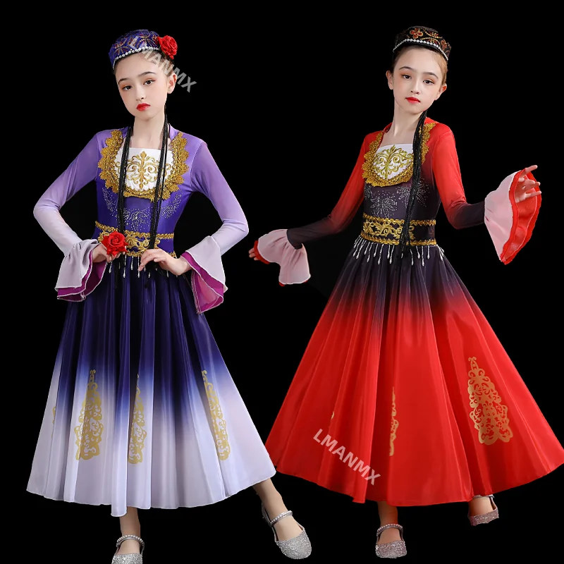 Traje de performance de dança xinjiang infantil, mãos inspiradas em 56 minoriais étnicas, saia grande de dança uigur