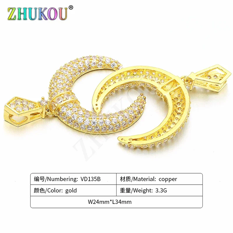 2Pcs/lot,Crescent Moon Cubic Zirconia Charms Gold Plated Brass Pendants & Necklaces DIY Jewelry Findings Making Material:VD13