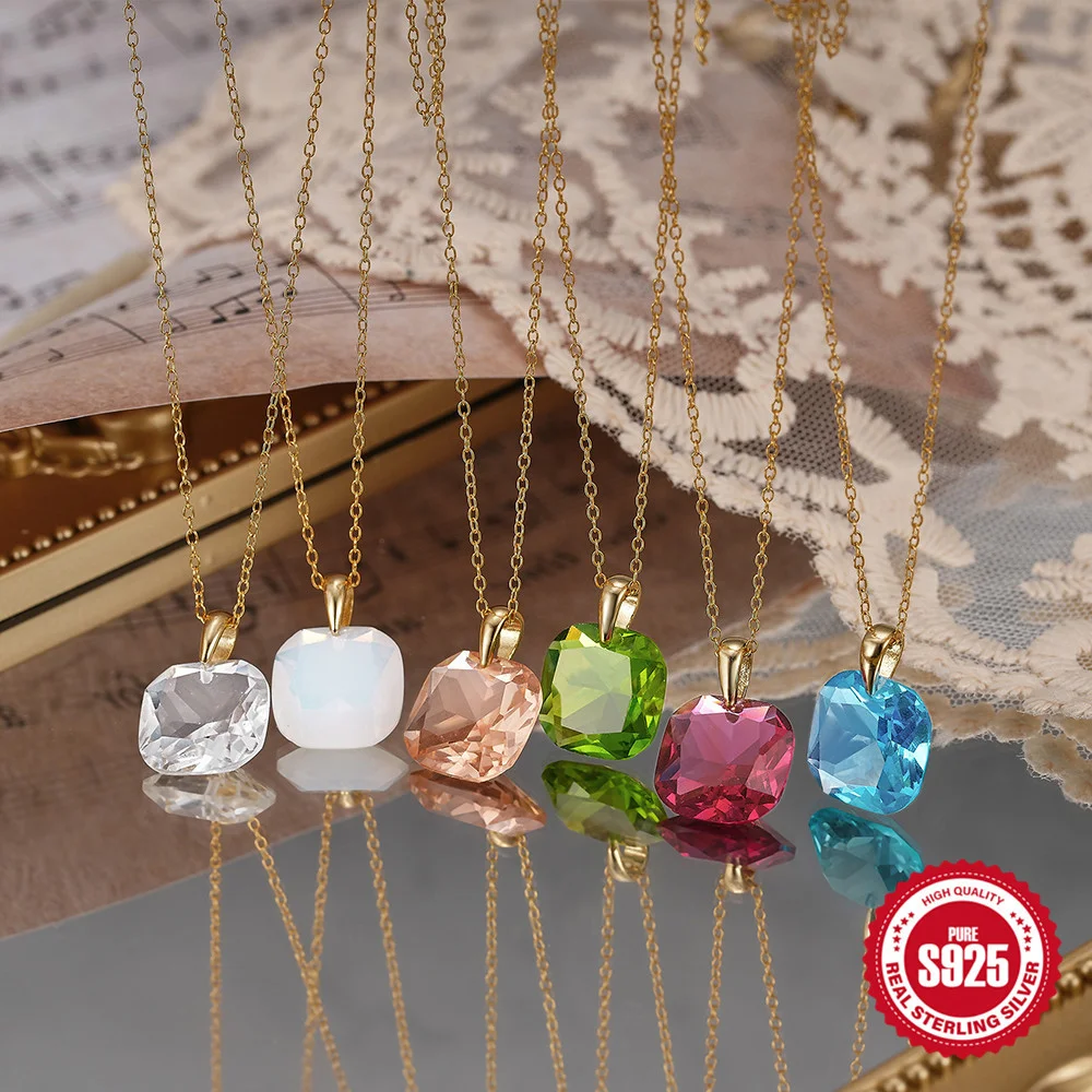 

Корейское ожерелье из стерлингового серебра S925, многоцветный квадратный кулон с цирконом, модный роскошный хрустальный циркон, повседневный стиль