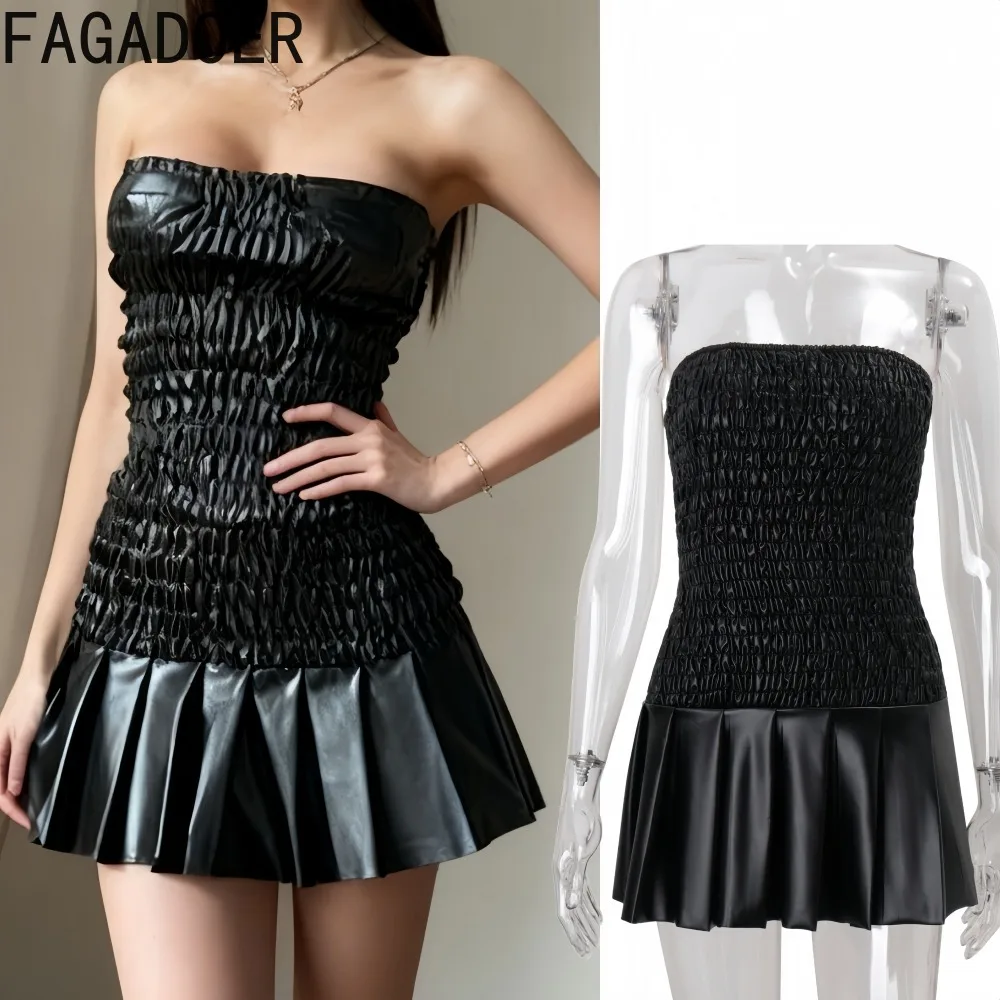 

FAGADOER Autumn New Fashion Leather Bodycon Dresses Women Sleeveless Backless Ruched Patchwork Dress Female Streetwear Vestidos