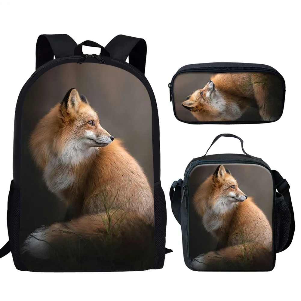 

WHEREISART Children Fox Printing Backpack 3cs/set School Bags For Kids With Lunch Box Animals Lunch Student Satchel Pencil Case