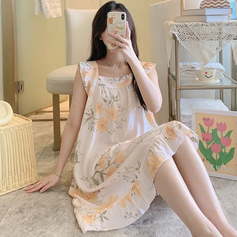 Sleeveless Vest Dress For Women Casual Printed Nightgowns Female Loose Thin Cotton Rayon Summer Night Dress New Vestido Mujer