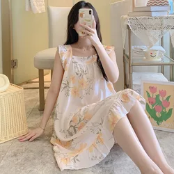 Sleeveless Vest Dress For Women Casual Printed Nightgowns Female Loose Thin Cotton Rayon Summer Night Dress New Vestido Mujer