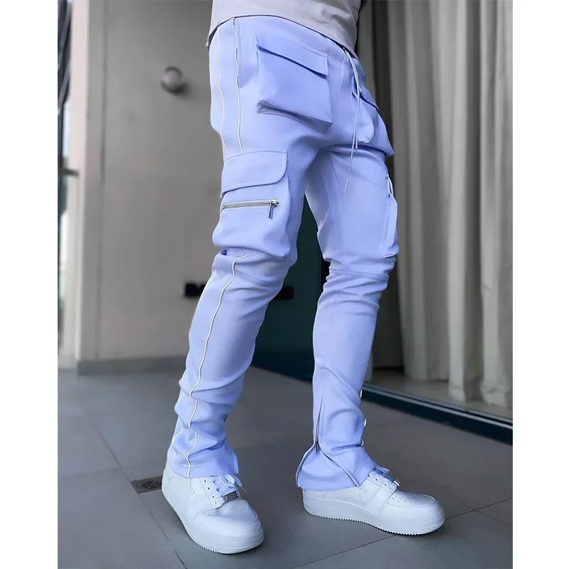 Spring And Autumn Cargo Pants Men\'s Fashion Brand Elastic Multi-bag Reflective Straight Leg Sports Fitness Casual Pants