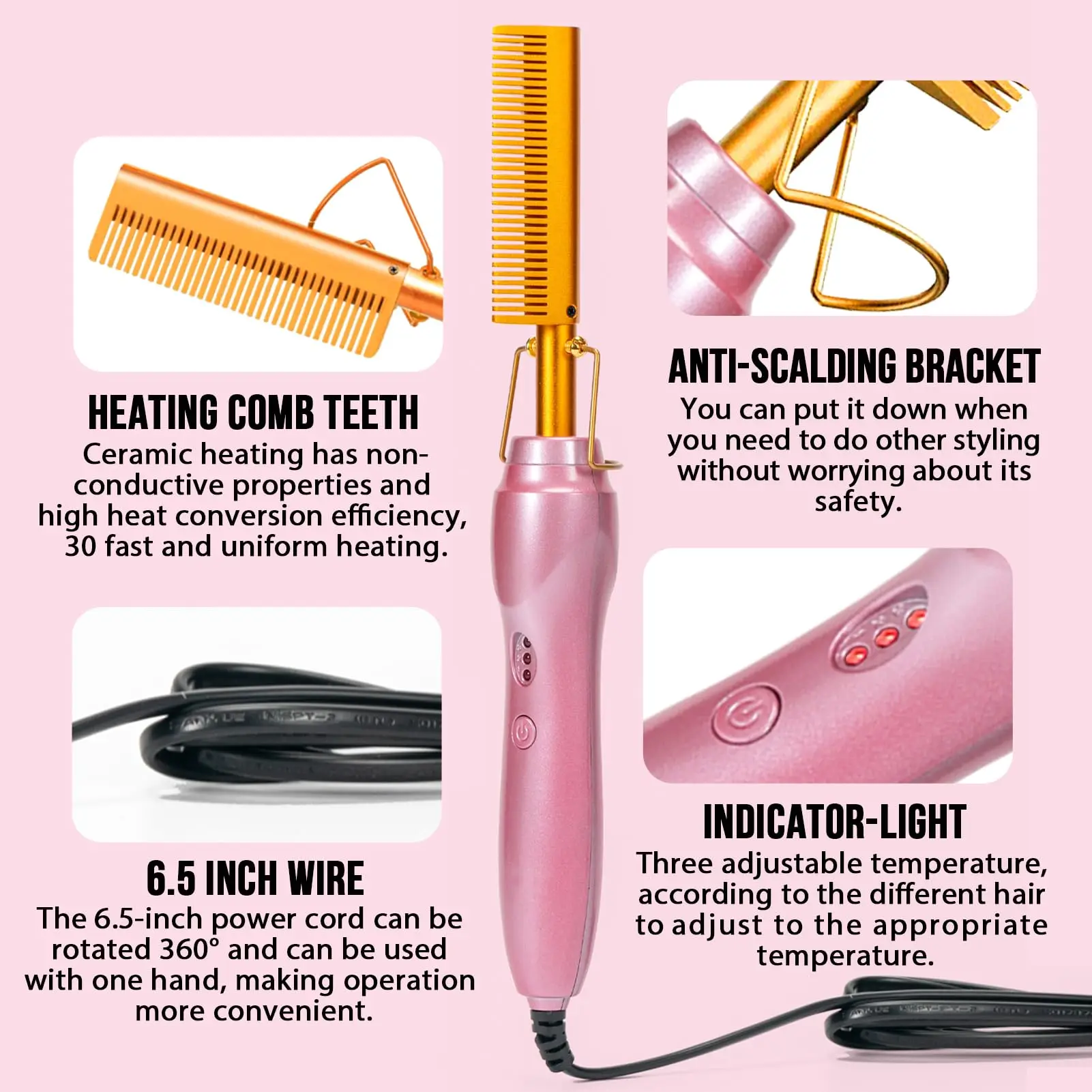 GOIPLE Electric Hot Comb Set, 3 Heat Settings Gold Heated Press Comb in Champagne Pink with Edge Styling and Wig Accessories