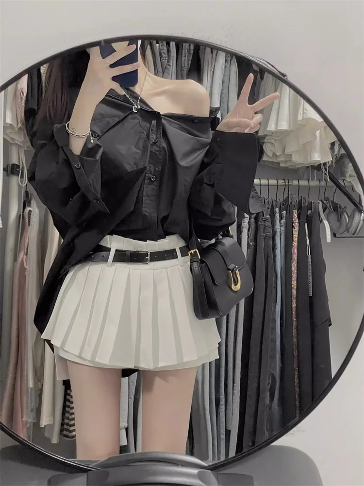 

Весенняя белая плиссированная юбка для похудения, женская короткая юбка А-силуэта в американском стиле, с высокой талией, в корейском стиле, с защитой от просвечивания