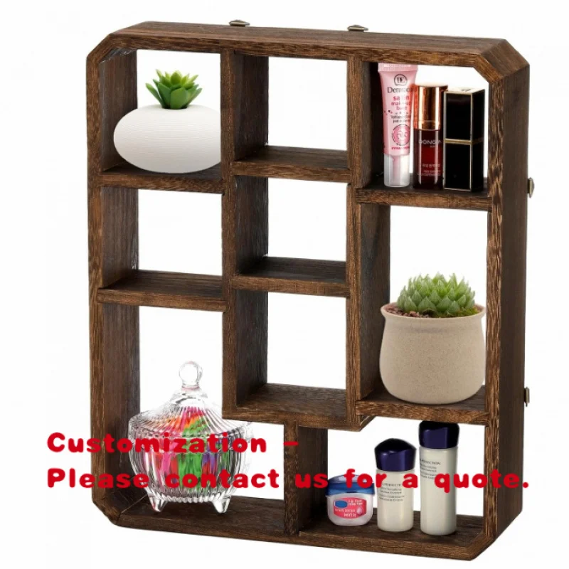 custom.High Quality Rustic Wood Floating Shelf 9 Compartment Display Shelf with Hanging Feature Wall Decor or Store Di