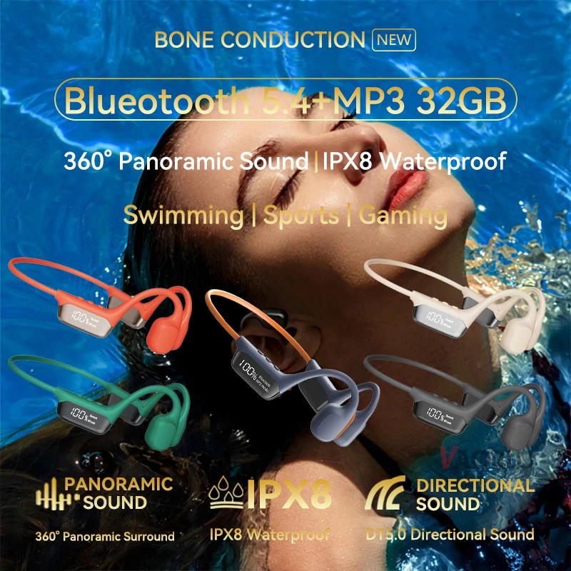 S10 Bluetooth 5.4 True Bone Conduction słuchawki IPX8 wodoodporne DT5.0 MP3 wbudowana pamięć 32 GB cyfrowy wyświetlacz LED do pływania