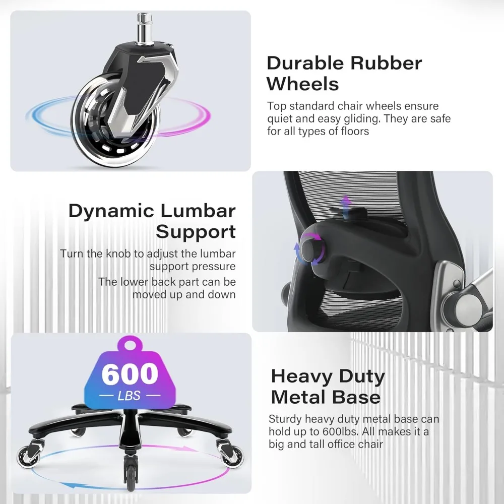 كرسي مكتب مريح عالي التحمل كبير وطويل مع أذرع قابلة للطي ثلاثية الأبعاد، شبكة عالية الظهر، عجلات كبيرة، كرسي كمبيوتر تنفيذي لـ Com #6