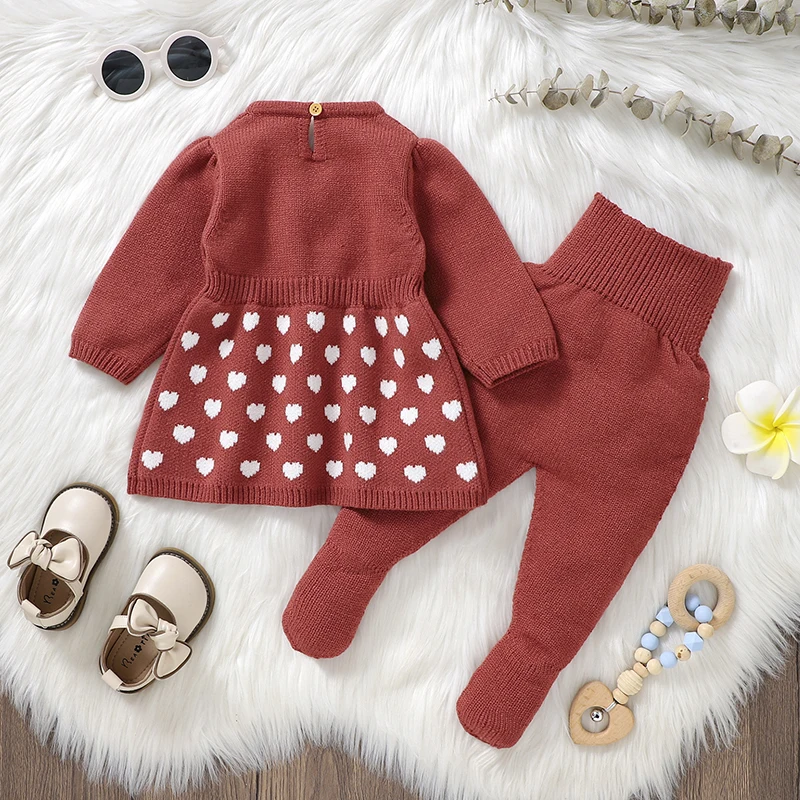 0-9M Newborn Infant Baby Girls Clothes Sets Cute Bowknot Knitted Toddler Red Long Sleeves Dots Sweaters Pullovers+Leggings Suits