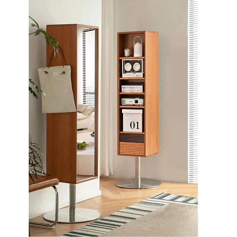 Cherry wood floor-to-ceiling rotating full-length mirror, solid wood small apartment full-length mirror
