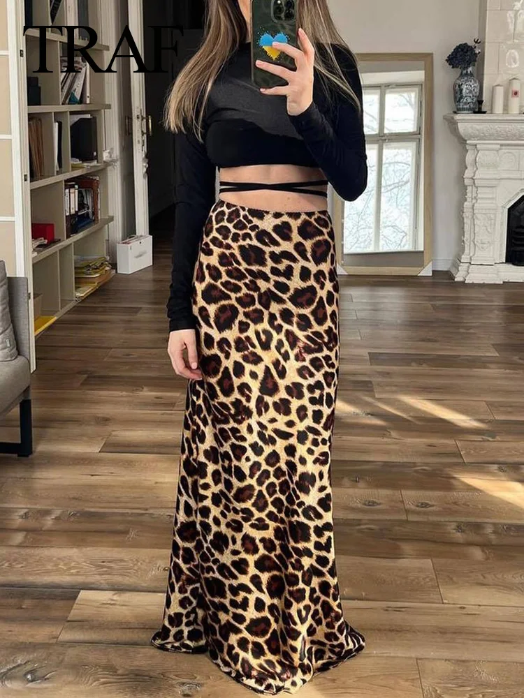 TRAF 2024 Vintage Women\'s Leopard Print Satin Skirt Female Summer High Waist Midi Skirt Woman Fashion Elegant Long Skirts