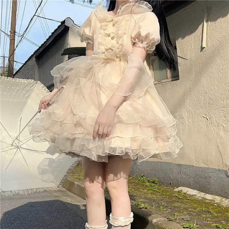 NONSAR Japanese Sweet Fairy Lolita OP Dress Women Mesh Elegant Princess Dress Female Bow Puff Sleeve Evening Party Dress Summer