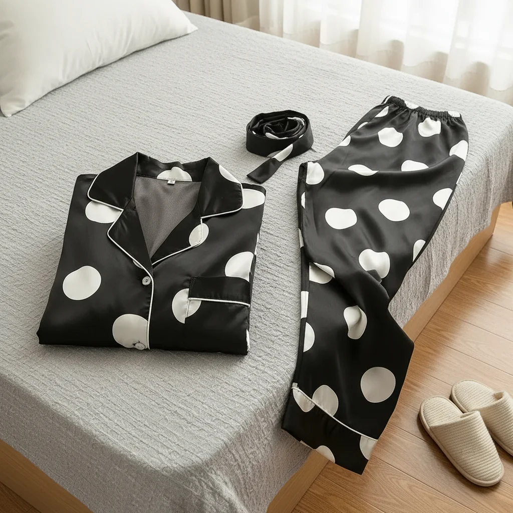 

Pajamas for Women Set LoungeV-Neck Soft Smooth Rayon Pj Sets for Woman Black Color Dot Design Plus Size 2PCS/Set