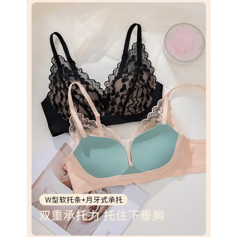 Romantischer japanischer Spitzen-BH für Frauen, Push-Up, kleine Brust, Anti-Durchhängen, kein Bügel, transparentes Bralette, seitliche Unterstützung, heißes MOYISU