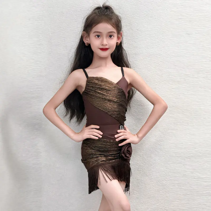 

2026 Latin Dance Dress Girl Performance Practice Clothes Sleeveless Brown Dance Suit Fringe Skirt Kid Latin Training Set AMY3800