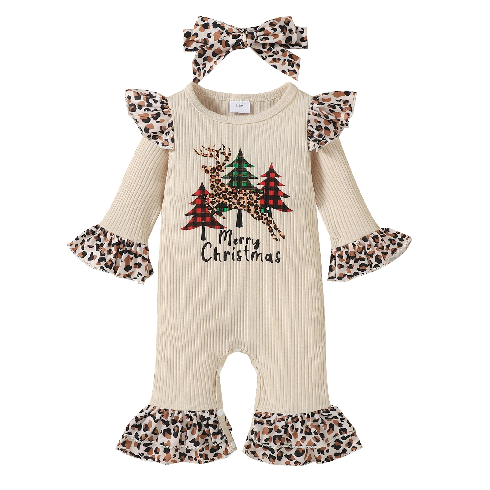 

Baby Leopard Print Clothes Set Christmas Long Flared Sleeve O-neck Jumpsuit Bow-knot Headband