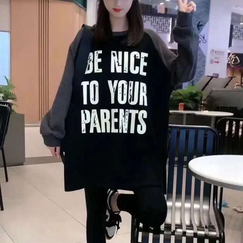 Korean Letter Printed Midi Sweatshirts Spring Autumn New Commute Loose Female Clothing O-Neck Casual Spliced All-match Pullovers