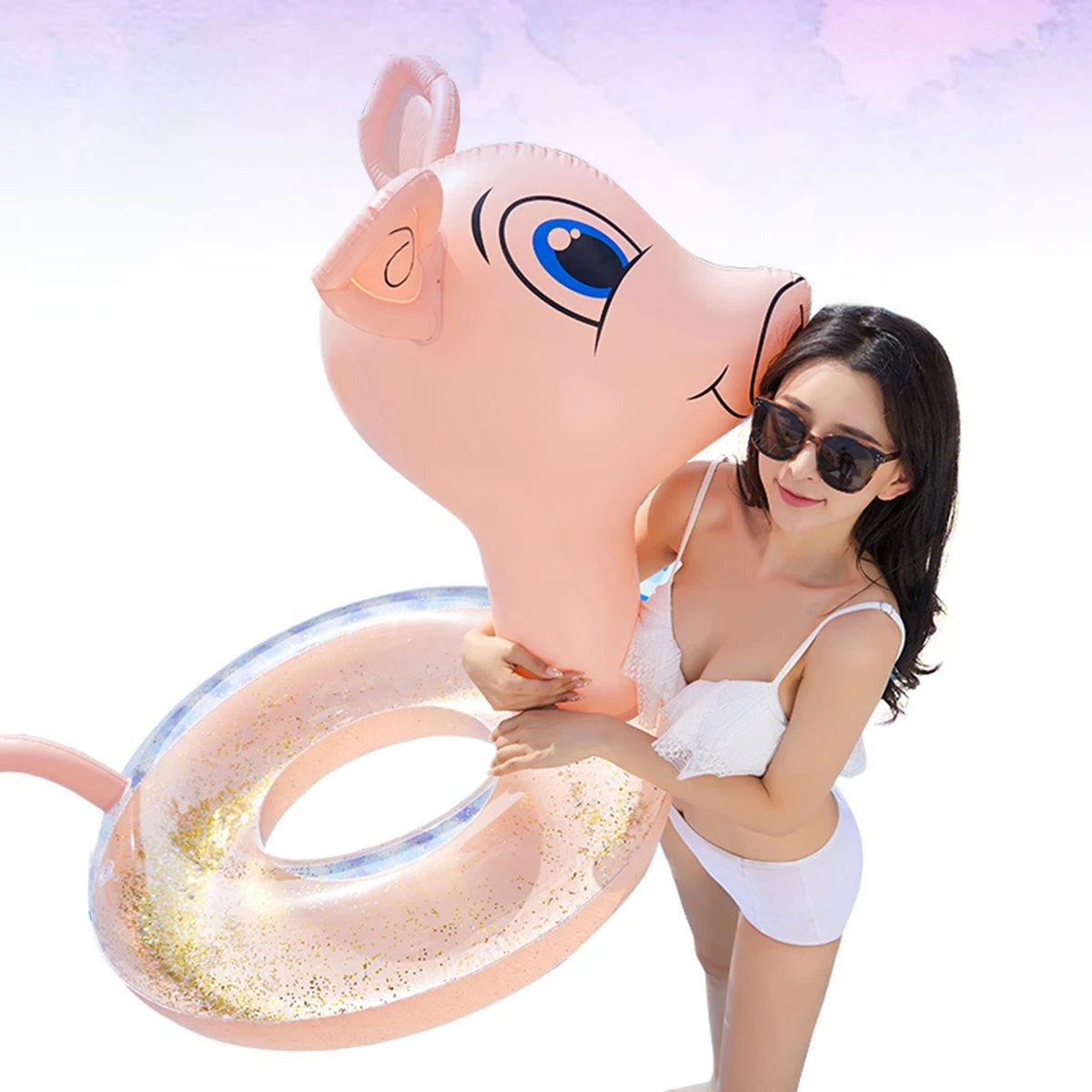 

1pc Adult Adorable Pig Pattern Swimming Ring Thickened Sequins Inflatable Water Playing Ring for Summer