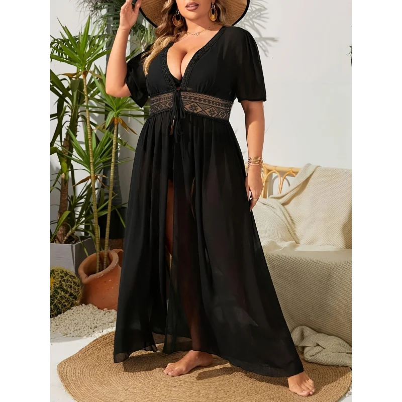 

Женское однотонное платье-халат в курортном стиле с глубоким V-образным вырезом, на шнуровке, с ажурной вышивкой, полупрозрачное, для повседневного пляжного отдыха, стильное и элегантное.