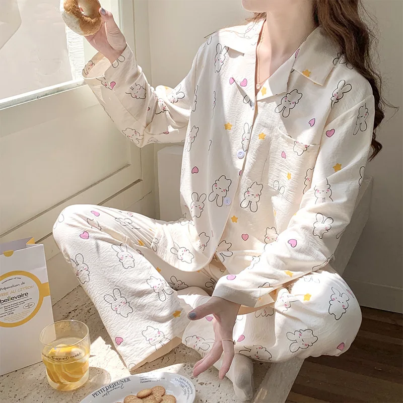 New pajamas female spring and fall clouds cotton lapel cardigan college style long-sleeved loose sweet and cute homewear suit