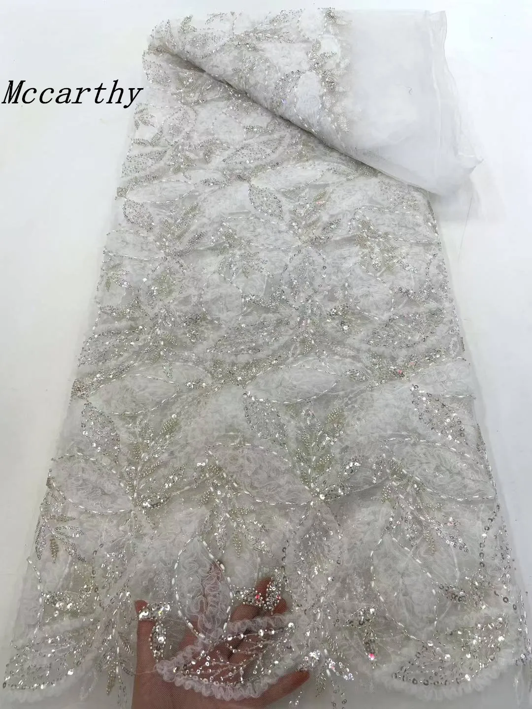 

Luxury 3D Lace Fabric 5 Yards Dubai Hand Beaded Tulle Lace Fabric Embroidered Sequins African Nigerian Fabric For Wedding Sewing