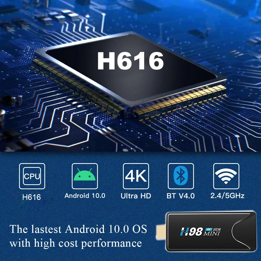 KimTin H98 Mini 6K TV Dongle Allwinner H616 Quad Core Cpu Penta-core Android 10.0 RAM 2GB ROM 16GB Bluetooth 4K H.265 TV Stick